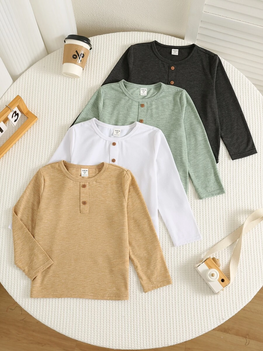 SHEIN 小男孩 4件組針織純色圓領休閒T恤套裝 - 彩色 - 查看 1