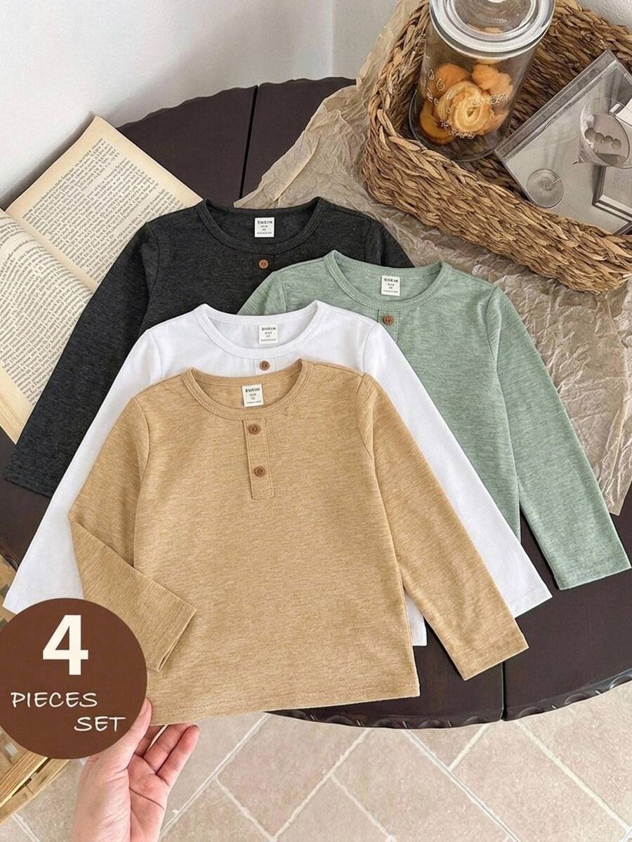 SHEIN Young Boy 4pcs Knit Solid Color Crew Neck Casual T-Shirt Set - Multicolor - View 1