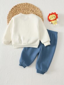 Cozy Pixies 2件組兒童小男孩休閒日常舒適印花圓領套頭長袖針織衛衣與純色針織運動長褲套裝 - 藍色 - 查看 2