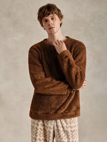 EverLounge Men's Autumn/Winter Minimalist Basic Fashion Comfortable British Style Brown Double-Sided Fleece Loungewear Top - Brown - View 3
