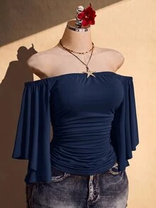 SHEIN ICON 女款大尺碼露肩荷葉袖時尚百褶上衣 - 藏蓝色 - 查看 8