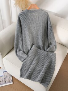 Elaquor Plus Size Autumn/Winter Casual Solid Color Cardigan & Knit Skirt Set - Grey - View 3