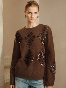Arave Sweater Rajut Wanita Longgar Motif Argyle dengan Bordir Payet, Kasual Sehari-hari, Warna Polos, Serbaguna, Ukuran Besar, Leher Bulat, Lengan Panjang, Pullover - Coffee Brown - View 4