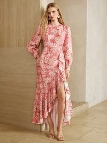 Arave Dress A-Line High Waist Maxi Ruffle Trim Side Split Elegant Sweet Pink Floral Elegant Long Dress Holiday - Rose Red - View 1