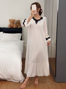 Napfluff Vintage Royal Lace Trim Collar Ruched Long Sleeve Lace Trim Maxi Nightgown - Apricot - View 6