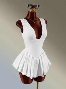 Amplova Women's Solid Color Pleated Casual Daily Travel Sports Dress - White - View 4