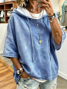 Breezaya Plus Size Women's Denim Effect Print Drop Shoulder Drawstring Hooded Loose Sweatshirt - Blue - View 3