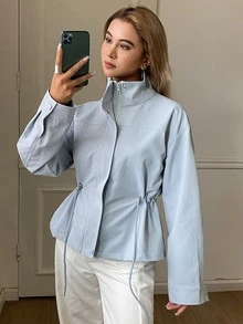 Livesso Women's Solid Color Pleated Casual Versatile Daily Long Sleeve Jacket Autumn Travel Everyday Baby Blue - Blue - View 6