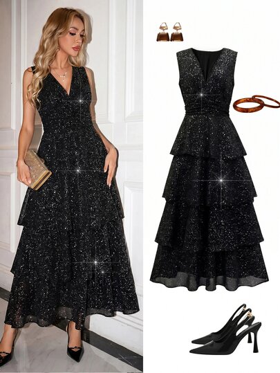 SHEIN Clasi Vestido elegante de mujer con falda extra larga tipo pastel, cuello en V, cintura elástica, vestido de diosa para fiesta, banquete, otoño/invierno, marrón