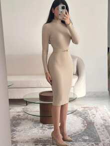 NOVVYNE Women's Knitted Stand Collar Metal Decor Fitted Bodycon Sweater Dress - Khaki - View 5