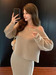 DAZY Women's Elegant 2 Pieces Sweater And Long Skirt Set - Khaki - View 3
