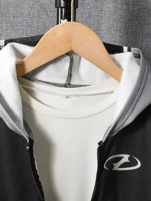 SHEIN 青少年男孩極簡街頭風字母印花拉鍊連帽冬款運動衫，休閒舒適柔軟面料 - 彩色 - 查看 3