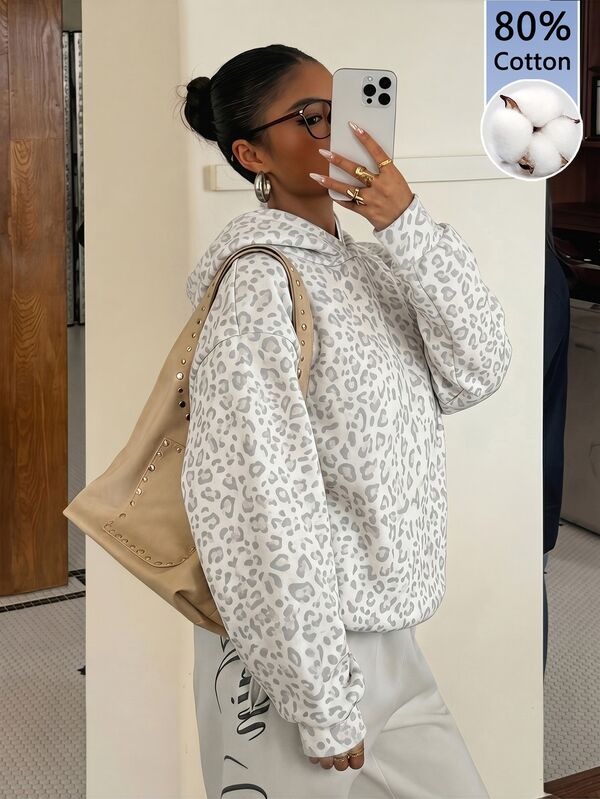 Muchica 80% Cotton Women's Casual Hooded Sweatshirt, Leopard Print Sweatshirt, Women's Autumn Clothing, Winter Clothing, 2026 Autumn/Winter, Casual, Y2K, Women's Commute Outfit, Basic Style, Cowgirl, Vintage, Back To School, Outing, School Clothing
