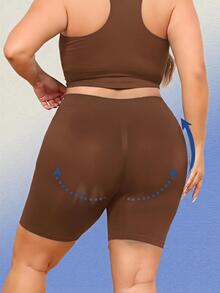 SHEIN Plus Size Solid Color High Waist Seamless Shaping Bottoms - Coffee Brown - View 2