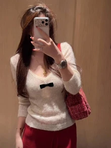 DAZY Atmospheric Bow Deep V-Neck Long Sleeve Knit Top, Sexy Style Soft Fluffy Top For Women Fall - Apricot - View 2