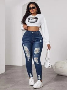 SHEIN MOD Plus Size Women's High Waist Pocket Distressed Skinny Jeans - Medium Wash - View 3