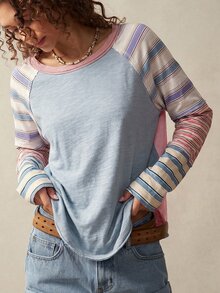 Bohemela Plus Size Striped Colorblock Fashion Long Sleeve T-Shirt For Daily Wear - Multicolor - View 6