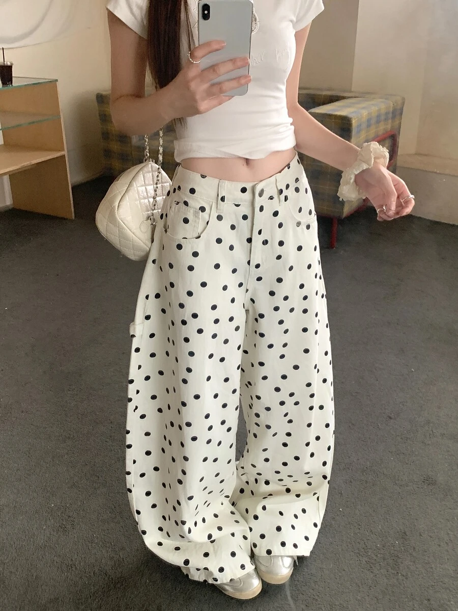 DAZY Women's Polka Dot Button Pocket Casual Versatile Daily Wear Jeans Fall Vacation - White - View 1