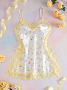 Elorette Série de Casamento de Outono Chique Francês Renda Floral Branca Verão Férias 1 Peça Romântico Minimalista Elegante Renda Cetim Camisola Feminina - Amarelo - Visão 3