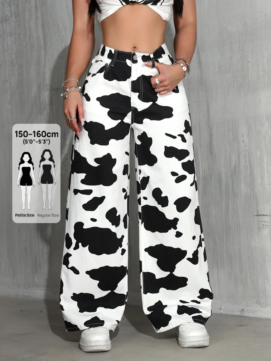 Jeanoix Petite Women's Cow Print Casual Versatile Daily Wear Denim Long Pants - Black and White - View 1