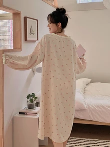 Dazy Plus Bow Print All-Over Floral Loose Casual Long Sleeve Cute Pajama Dress For Girls, Spring/Autumn - Pink - View 2