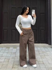 Flexra Plus Size Women's Striped Wide Leg Loose Casual 1960s Denim Jeans With Pockets Formal Vacation Brown Winter - Rust Brown - View 4