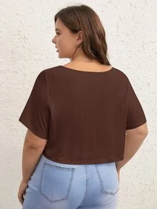 SHEIN BASICS 大尺碼純色V領短版T恤 夏季女款上衣 夏日穿搭 - 咖啡棕 - 查看 2
