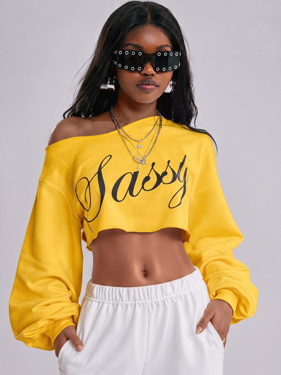 Vadaroq Women's Letter Print Asymmetric Collar Cropped Sweatshirt - Yellow - View 1