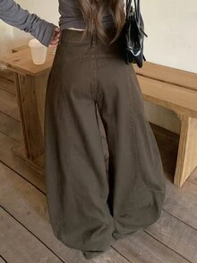 DAZY Women's Fashion Street Button Loose Wide Leg Denim Jeans Summer Everyday School Dark Brown Casual Streetwear - Brown - View 2