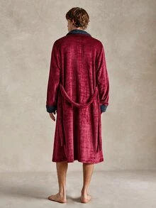 EverLounge Autumn/Winter Colorblock Patchwork Plush Lapel Men's Robe, Warm And Comfortable Home Bathrobe - Multicolor - View 2
