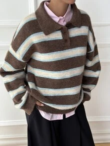 DAZY Sweater Kasual Urban Longgar Bergaris Blok Warna Berkerah untuk Wanita - Coklat - View 2