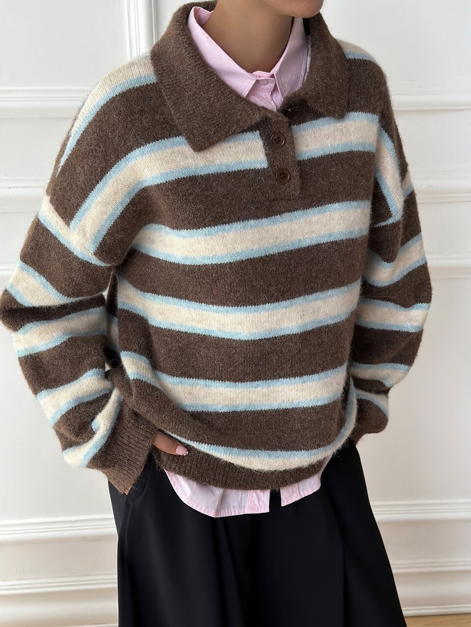 Women's Collared Striped Colorblock Loose Fit Urban Casual Sweater