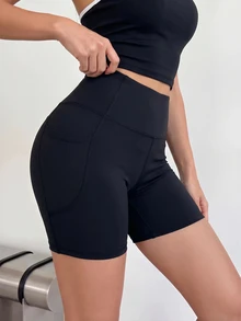 SHEIN Dewbera Women's Slim Fit Casual Vacation Sports Outdoor Solid Color Shorts - Black - View 3