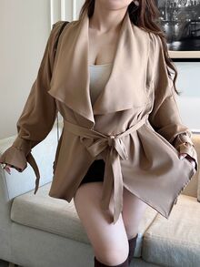 Vibekara Plus Size Asymmetrical Vintage Lapel Collar Short Trench Coat Jacket Fall - Brown - View 1