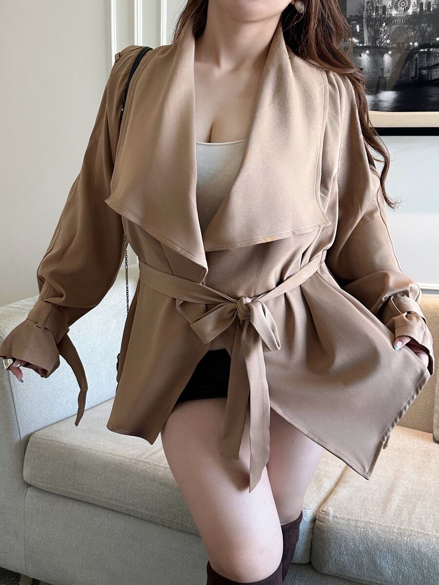 Vibekara Plus Size Asymmetrical Vintage Lapel Collar Short Trench Coat Jacket Fall - Brown - View 1