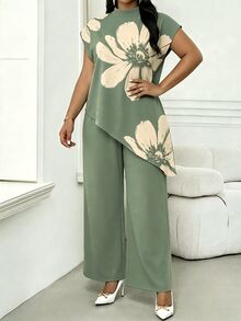 SHEIN Lady Plus Size Women's Floral Print Stand Collar Asymmetric Hem Blouse - Green - View 4
