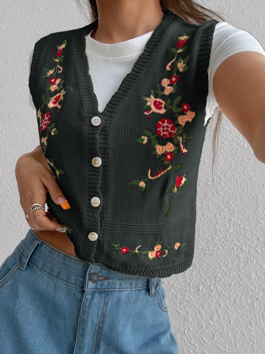 Rivivi Sweet Casual Cottagecore Vintage Versatile Embroidered Knit Vest Everyday Dark Grey Summer - Multicolor - View 1