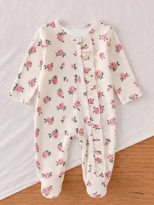 Newborn Home Jumpsuit, Sweet Ditsy Floral Print, Soft Skin-Friendly Fabric, Round Neck Full Snap Button, Long Sleeve Footed Crawler, Suitable For Home, Sleep And Outings In Spring And Autumn - Multicolor - View 3