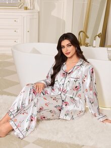 MuseNap CURVE طقم بيجامة بنطال بأكمام طويلة وياقة من الحرير الصناعي بنقشة زهور صغيرة للمقاسات الكبيرة - أبيض - مشاهدة 1