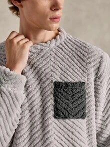 EverLounge Men's Autumn/Winter Fashion Minimalist Comfortable Double-Sided Fleece Jacquard Fabric Light Gray Contrast Color Patch Pocket Decor Loungewear Top - Light Grey - View 4