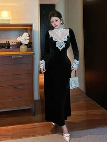 DAZY 女款對比蕾絲網紗長袖優雅中長洋裝 秋季 - 黑色 - 查看 4