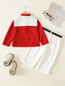 SHEIN 男嬰 3 件組秋冬休閒時尚學院風 POLO 衫套裝，含披肩與腰帶，嬰兒冬季服飾，聖誕、生日穿著，洗禮禮服 - 紅色 - 查看 2