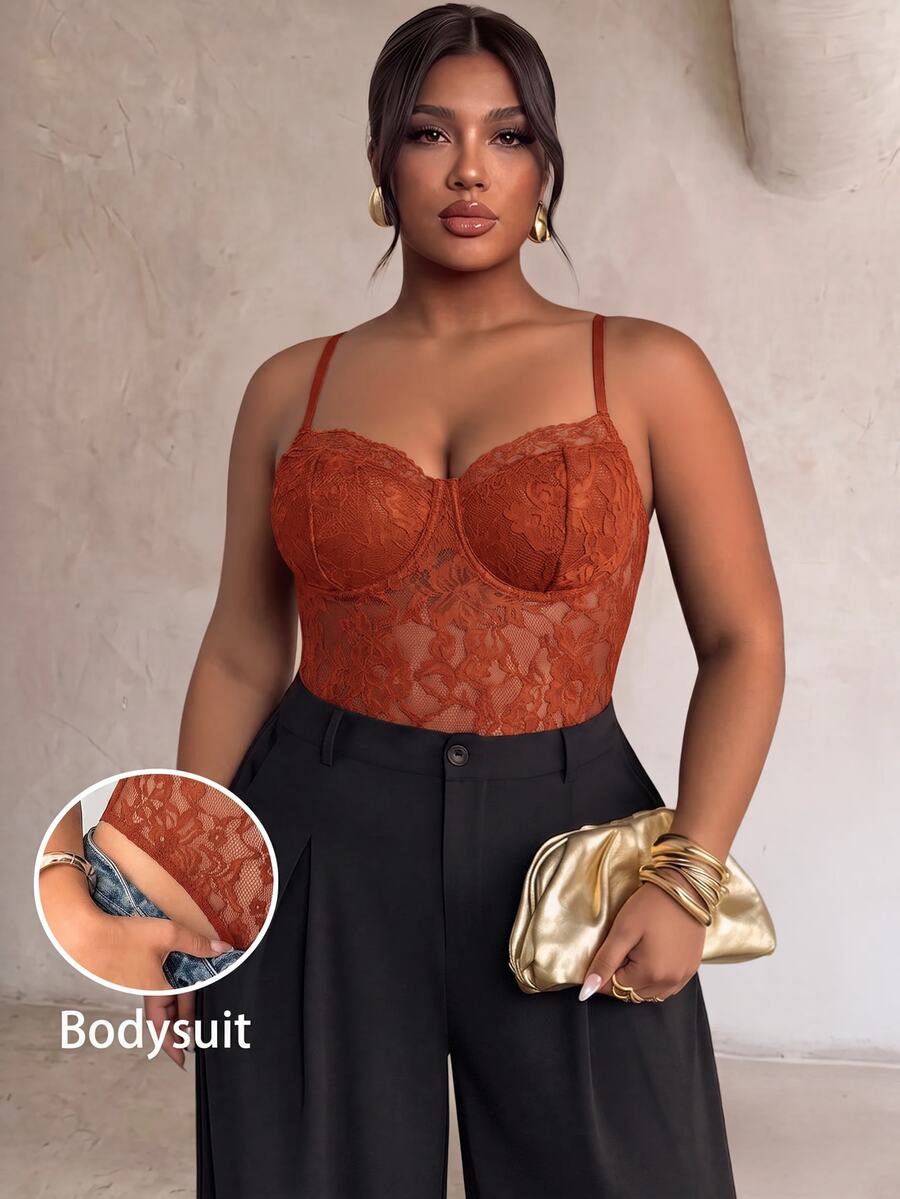 Firerie Plus Size Modern Sexy Hot Girl Lace Spaghetti Strap Bodycon Bodysuit For Women - Rust Brown - View 1