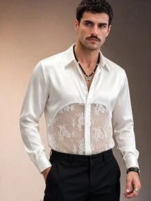 ZURIURI Men's Lace Patchwork Elegant Casual Shirt - White - View 4