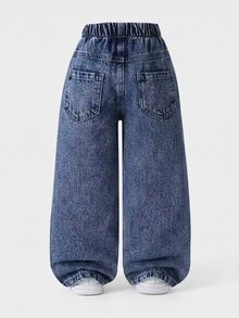 SHEIN Girls' Denim Jeans, All-Season New Style, Cute & Playful Design, Deep Blue Washed Denim With Pink+White Contrast Heart Print And Snow Wash Effect, Fashionable Loose Straight Leg Wide-Leg Fit, Soft & Comfortable Fabric, Versatile For Daily Wear, Parties, Outings And More, All-Season New Girls' Denim Jeans - Dark Wash - View 2