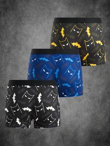 BATMAN X SHEIN 3pcs Tween Boy Cartoon Print Boxer Briefs, 4-Needle 6-Thread Seamless Craft - Black - View 2