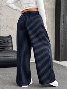 SHEIN EZwear Pantalones de pierna ancha casuales con cierre de botones y cinturón en unicolor para otoño/invierno en talla grande - Azul Marino - Ver 2