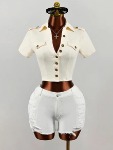 SHEIN Women's Solid Color Short Sleeve Single-Breasted Casual Denim Jacket - White - View 4