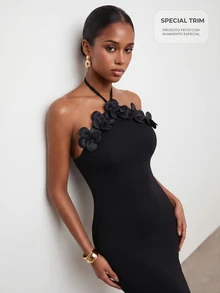 CAJUNI Gaun Musim Panas Elegan dengan Dekorasi Bunga 3D dan Leher Halter Tanpa Punggung - Hitam - View 1