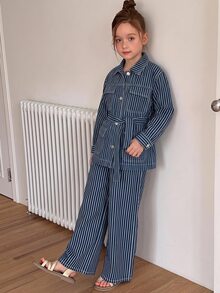 Dazy Kids Striped Lapel Loose Casual Autumn/Winter Jacket & Straight Leg Pants 2 Pieces Set Denim Outfit For Girls (Large) - Navy Blue - View 3